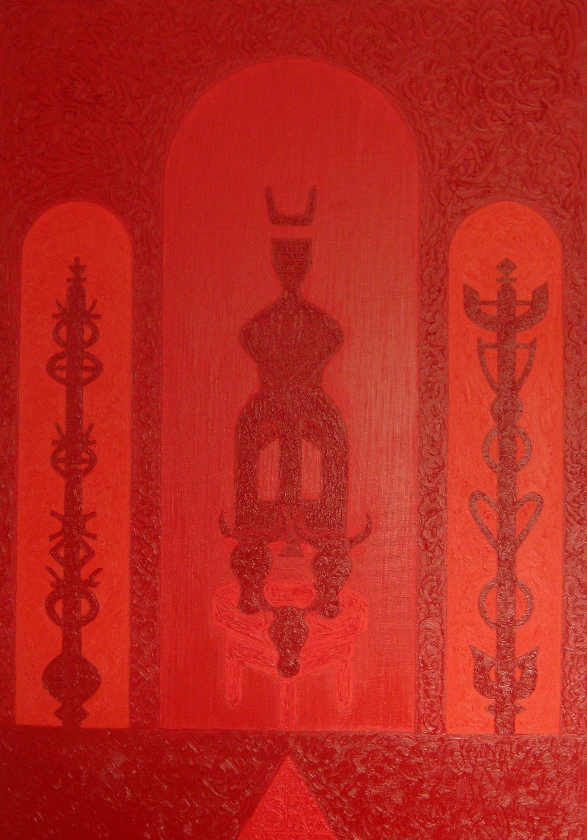 Symbolic near-monochrome composition in ochre, gold and red, 91 from the Text and Time cycle.
