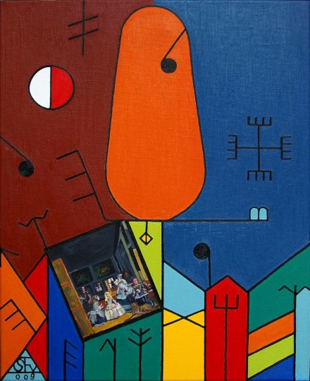 Archetypal Expressionism composition with vivid signs and figures, Text and Time 73.