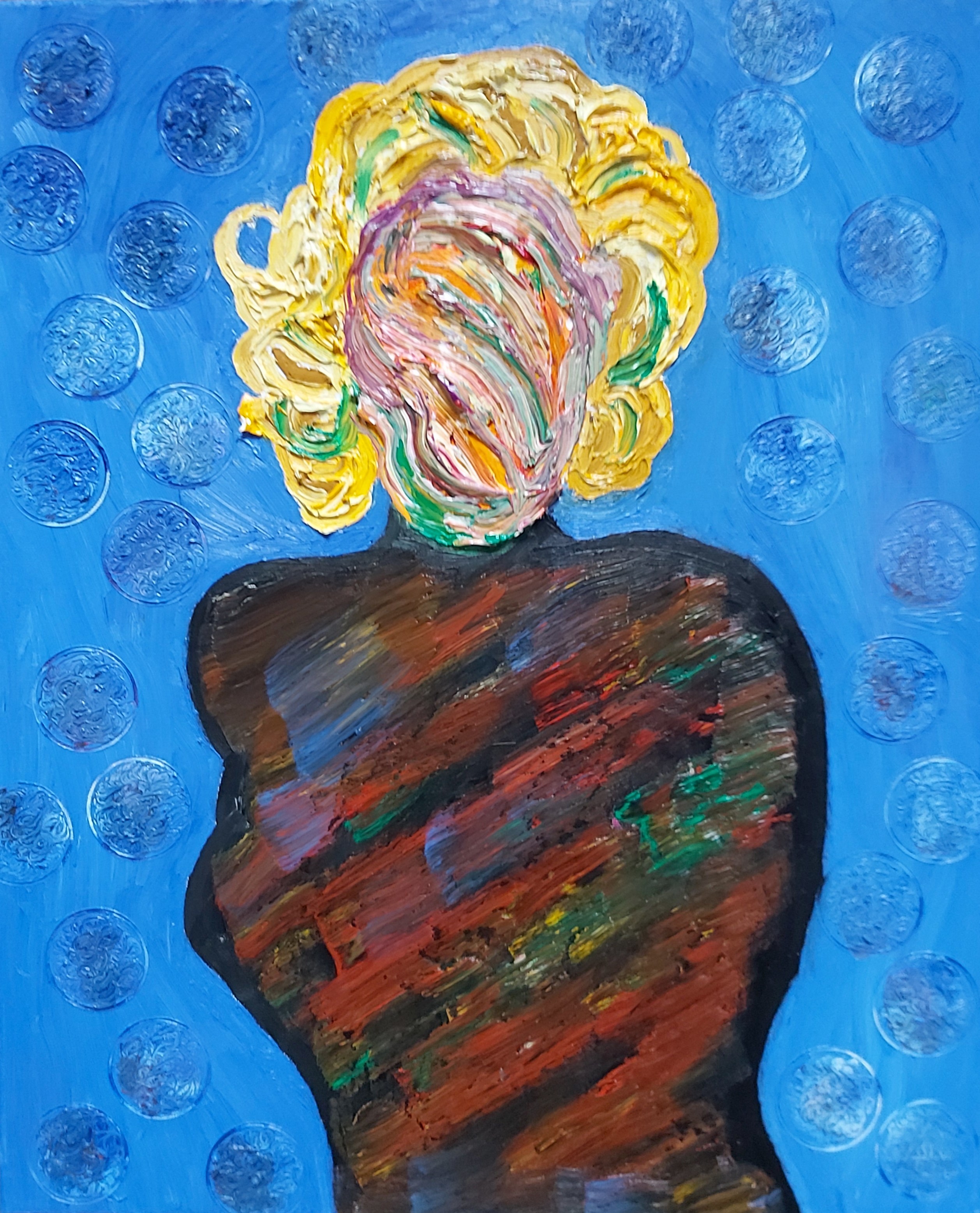 Pale portrait emerging from a vivid blue field.