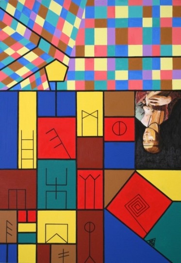 Archetypal Expressionism composition with vivid signs and figures, Text and Time 60.