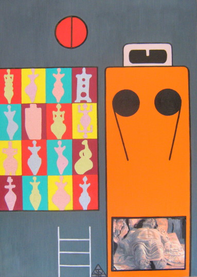 Archetypal Expressionism composition with vivid signs and figures, Text and Time 80.