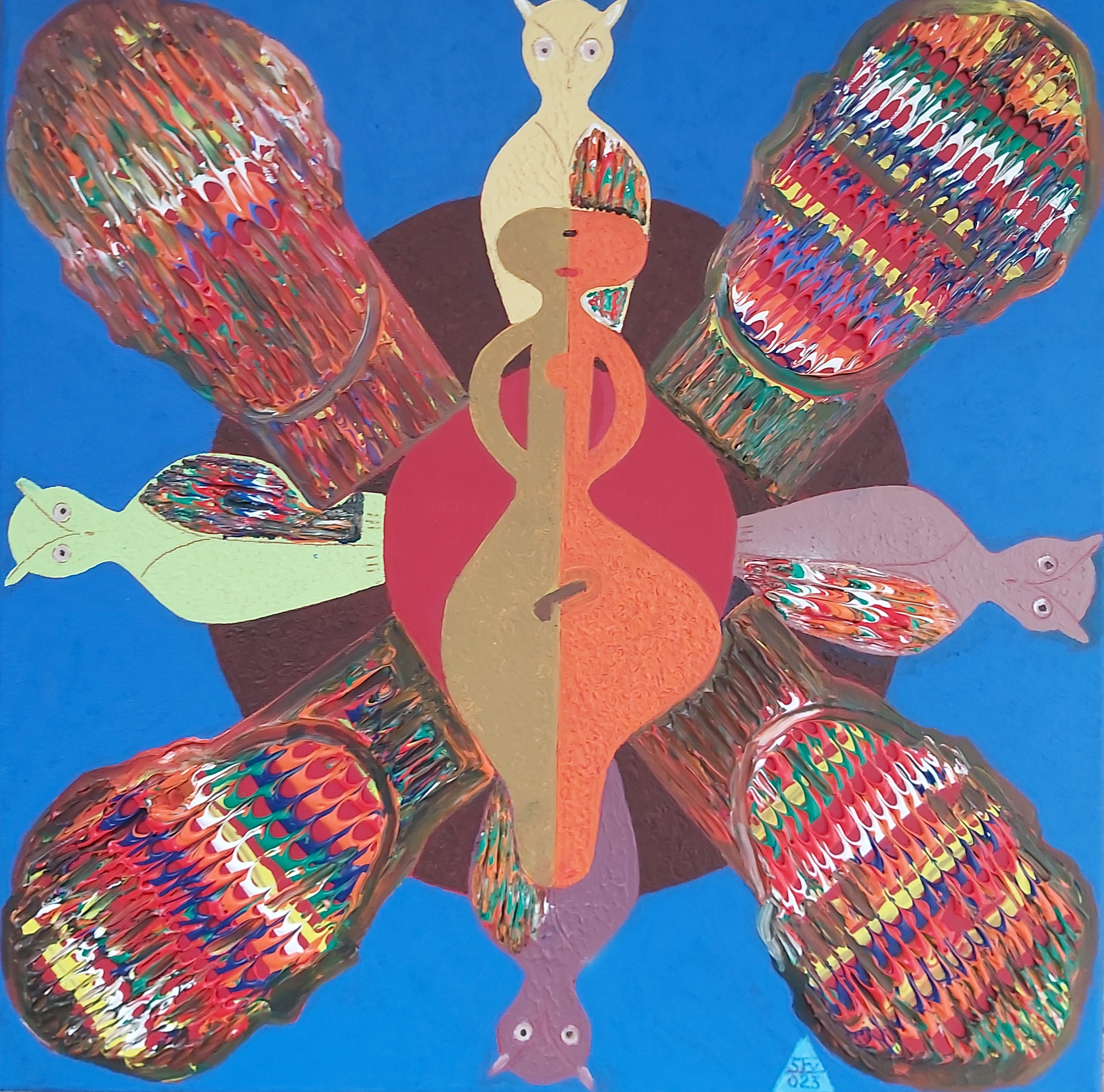 A central figure and four radiating heads on blue and mauve.
