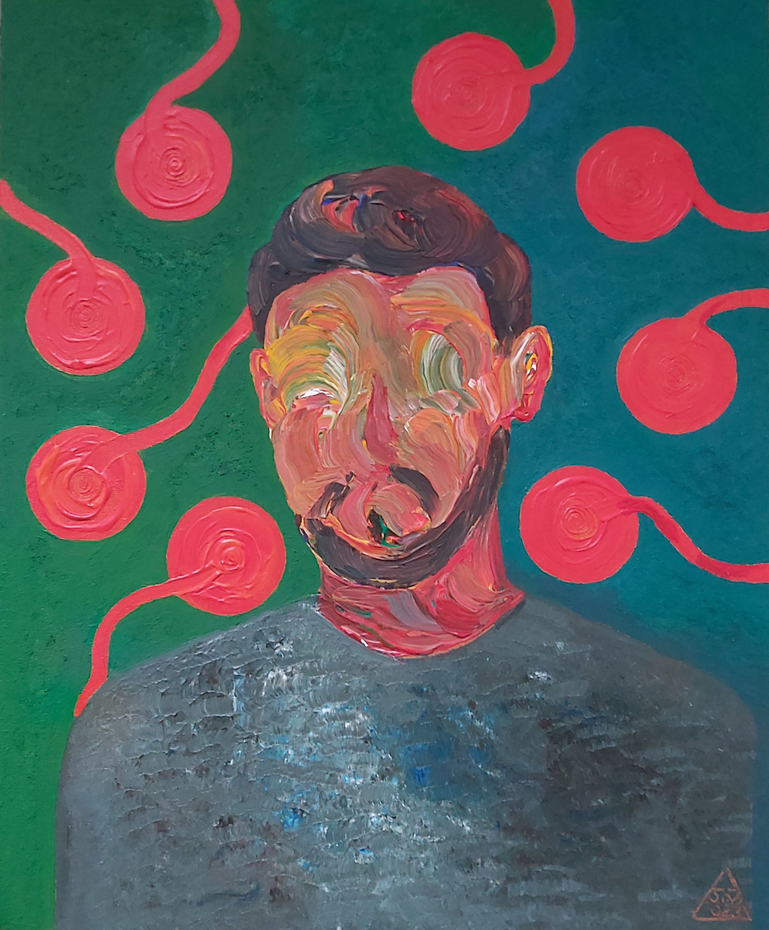Portrait with a blurred face surrounded by red spheres.