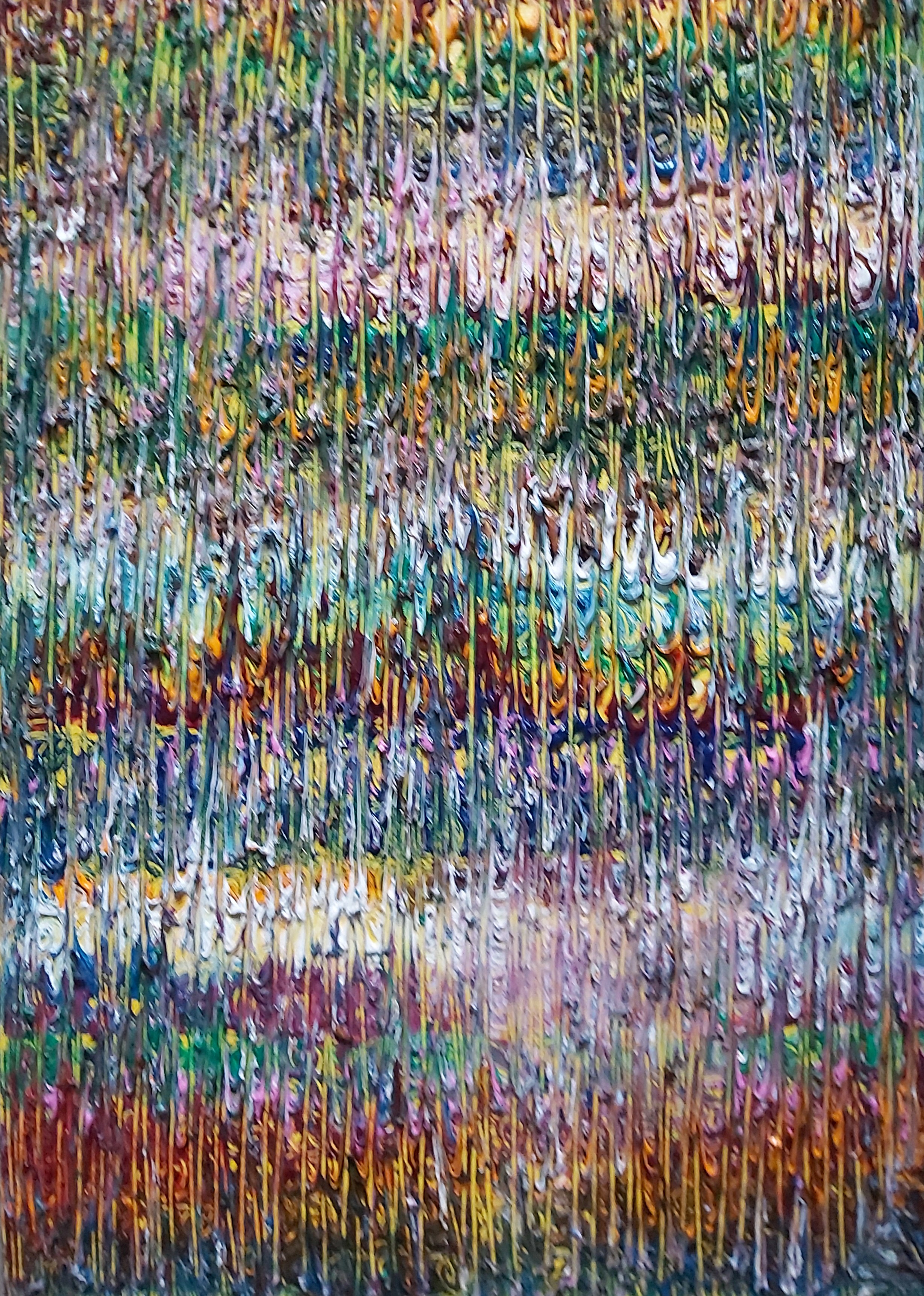 Dense vertical field of multicoloured rhythmic marks.