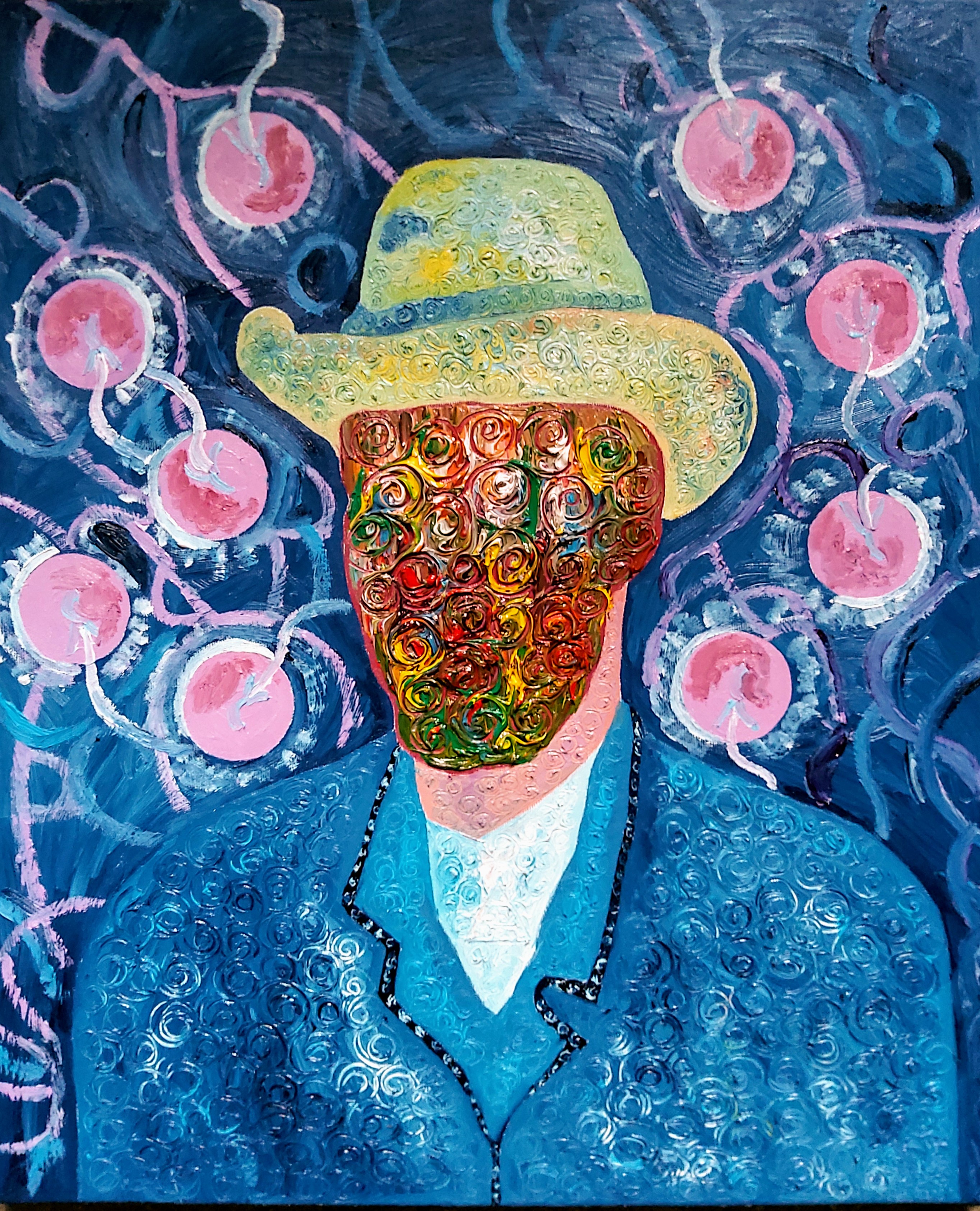 A hat-wearing portrait surrounded by orbiting pink forms.