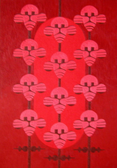 Symbolic near-monochrome composition in ochre, gold and red, 105 from the Text and Time cycle.