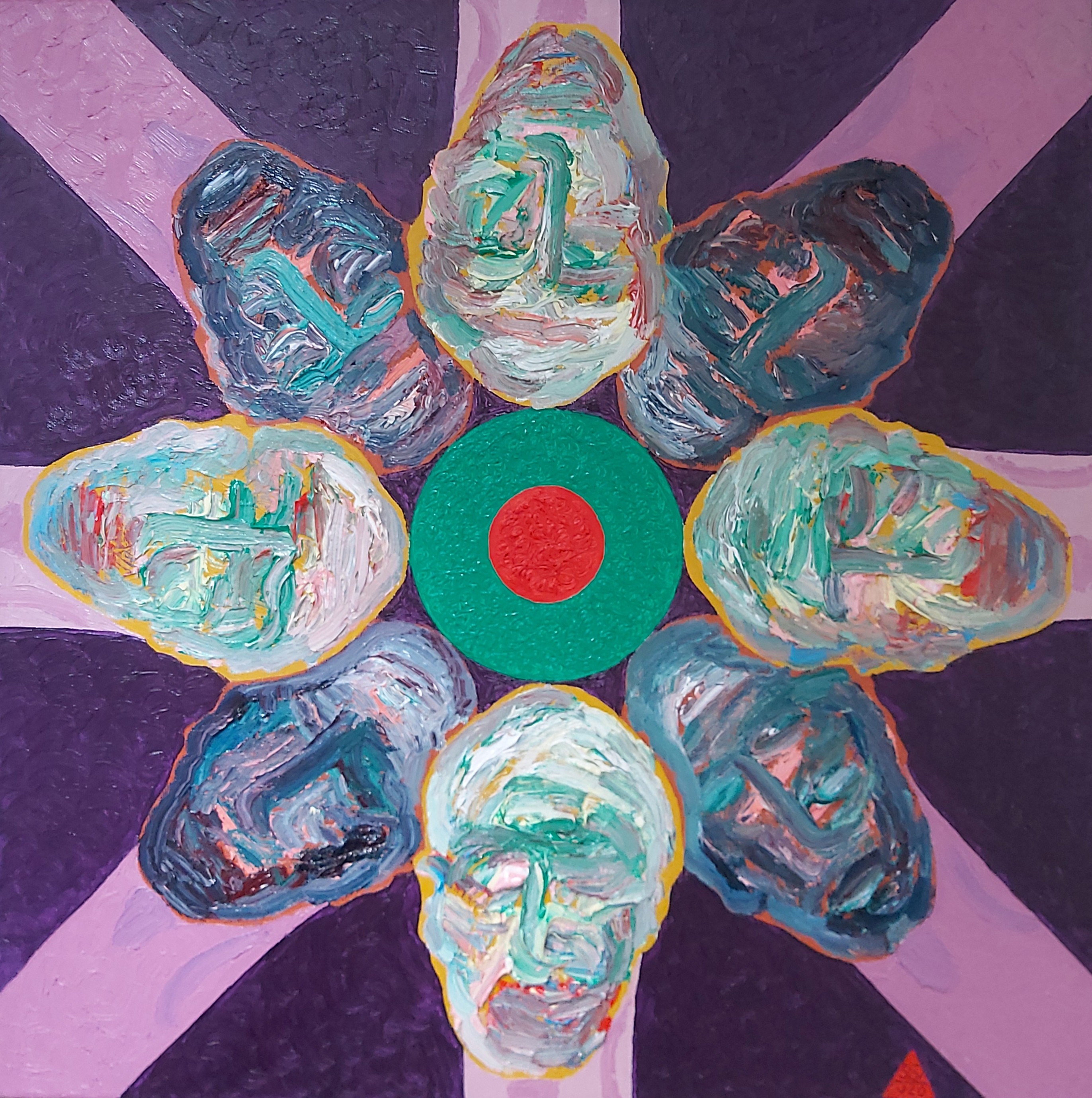 Repeated faces form a wheel around a red and green centre.