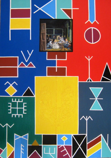 Archetypal Expressionism composition with vivid signs and figures, Text and Time 68.