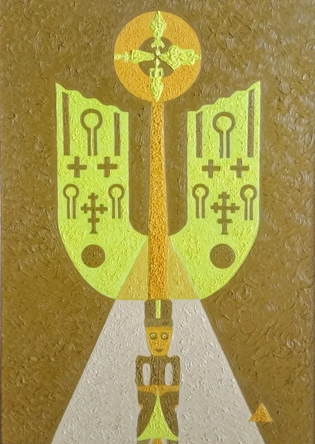 Symbolic near-monochrome composition in ochre, gold and red, 116 from the Text and Time cycle.