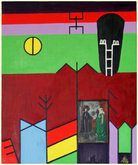 Archetypal Expressionism composition with vivid signs and figures, Text and Time 65.