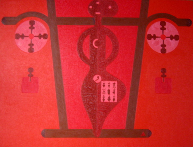 Symbolic near-monochrome composition in ochre, gold and red, 97 from the Text and Time cycle.