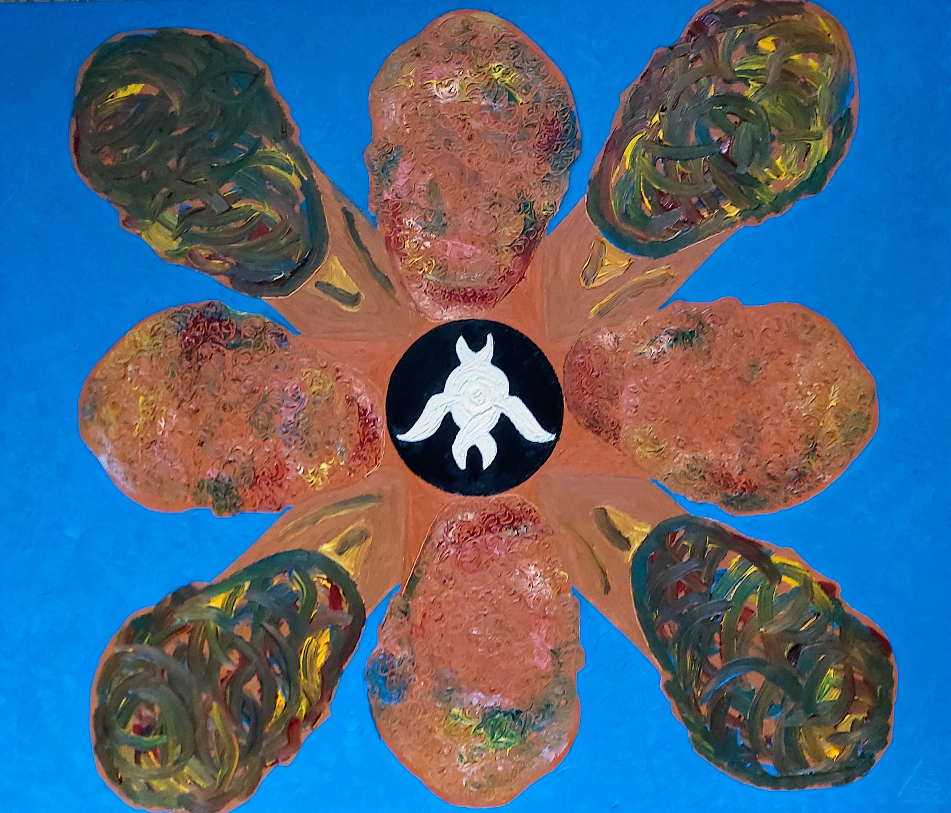 Five heads orbit a central figure against cobalt blue.