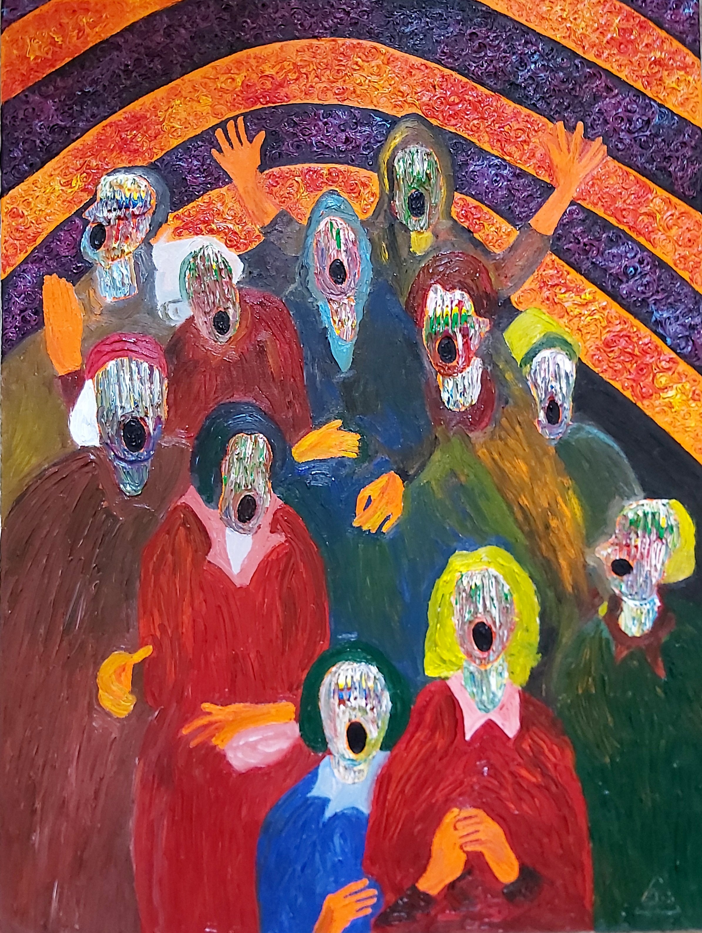 Group of open-mouthed figures beneath concentric dark bands.