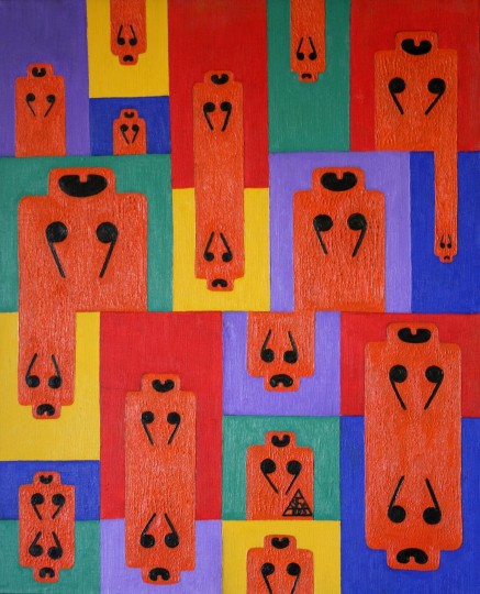 Archetypal Expressionism composition with vivid signs and figures, Text and Time 36.
