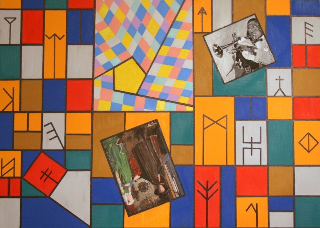 Archetypal Expressionism composition with vivid signs and figures, Text and Time 61.