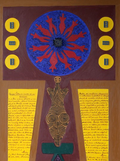 Archetypal Expressionism composition with vivid signs and figures, Text and Time 1.