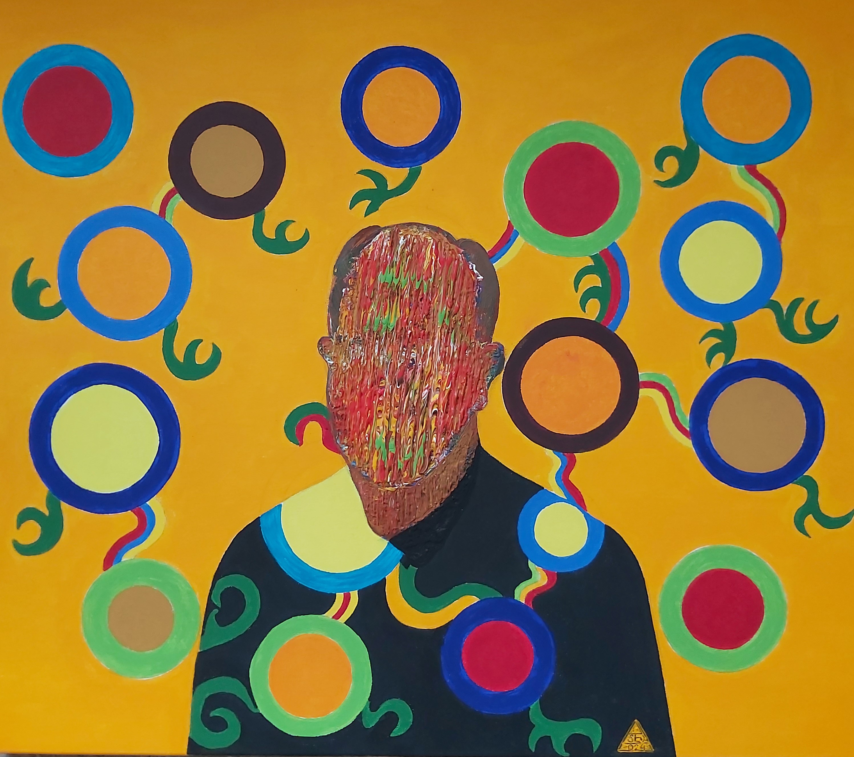 Portrait encircled by bright rings on an ochre ground.