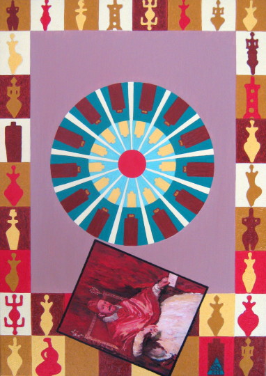 Archetypal Expressionism composition with vivid signs and figures, Text and Time 82.