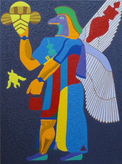 Archetypal Expressionism composition with vivid signs and figures, Text and Time 114.