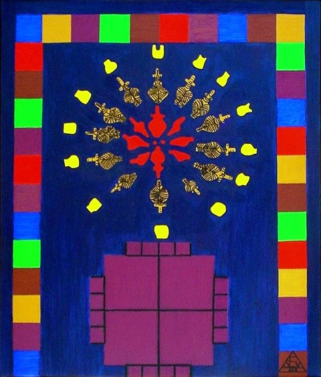 Archetypal Expressionism composition with vivid signs and figures, Text and Time 6.