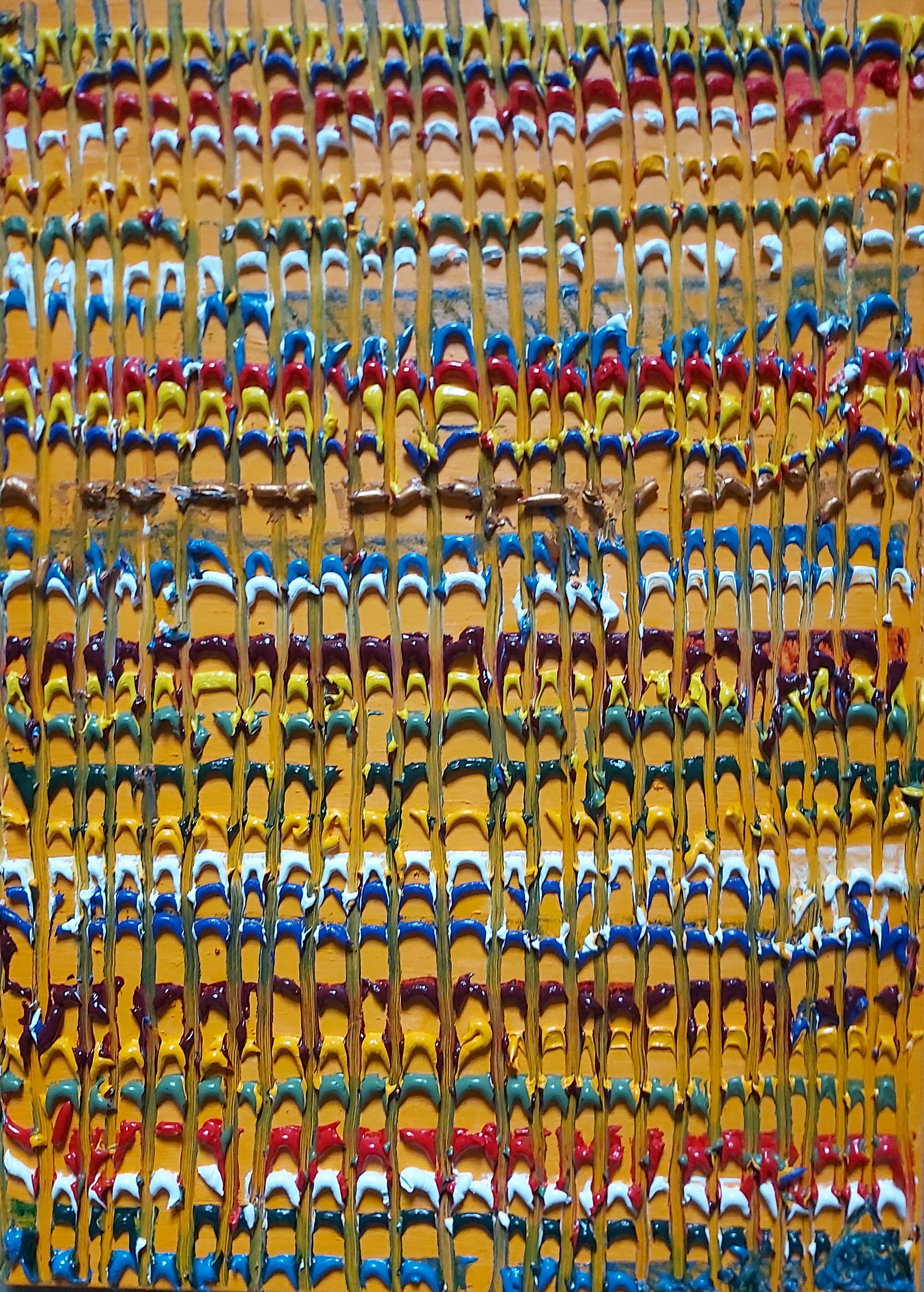 Layered horizontal bands of minute coloured figures.
