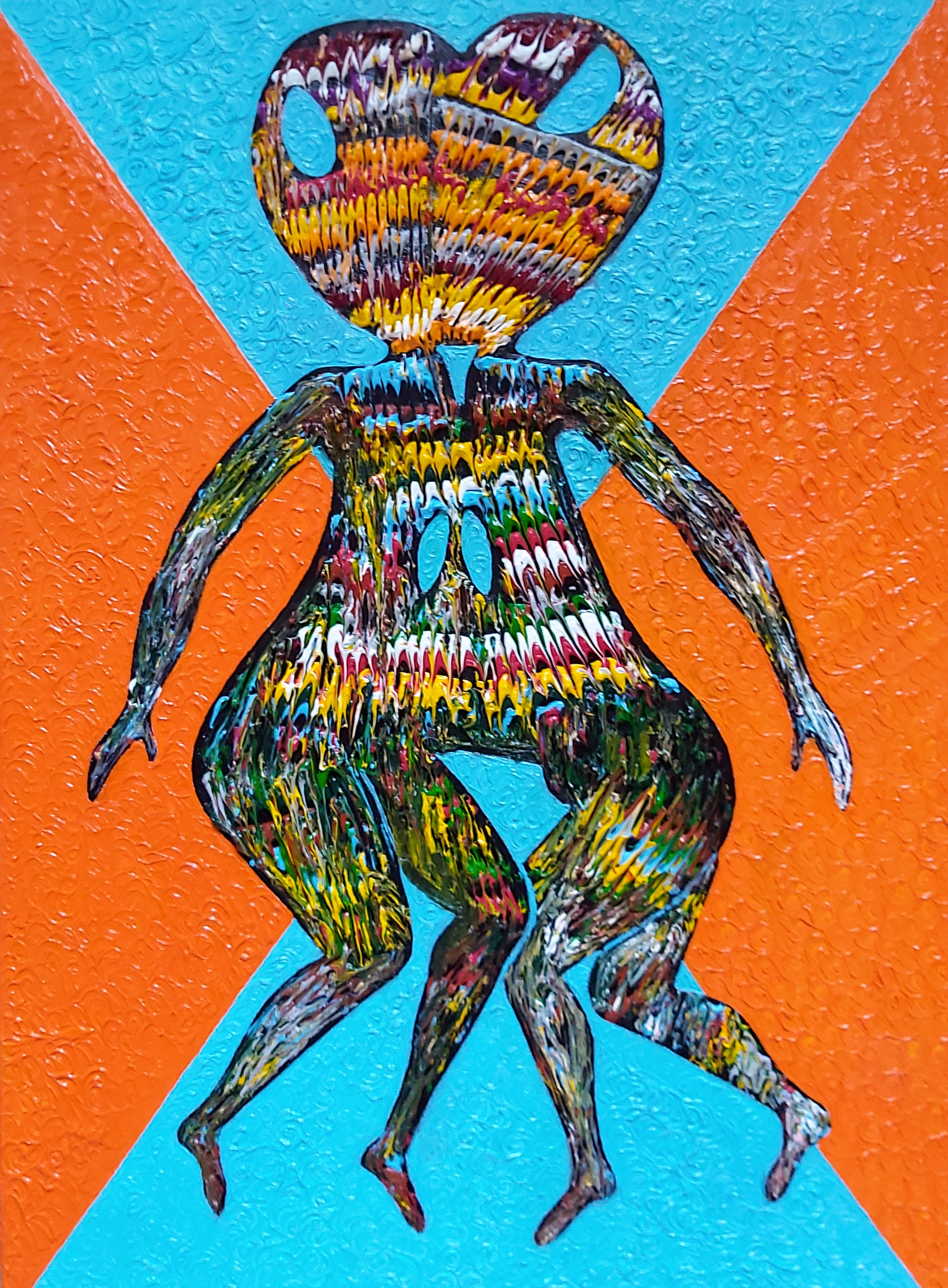 Two joined biomorphic figures on orange and turquoise.