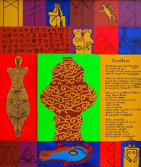 Archetypal Expressionism composition with vivid signs and figures, Text and Time 5.