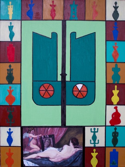 Archetypal Expressionism composition with vivid signs and figures, Text and Time 71.
