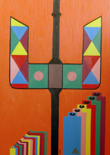 Archetypal Expressionism composition with vivid signs and figures, Text and Time 52.