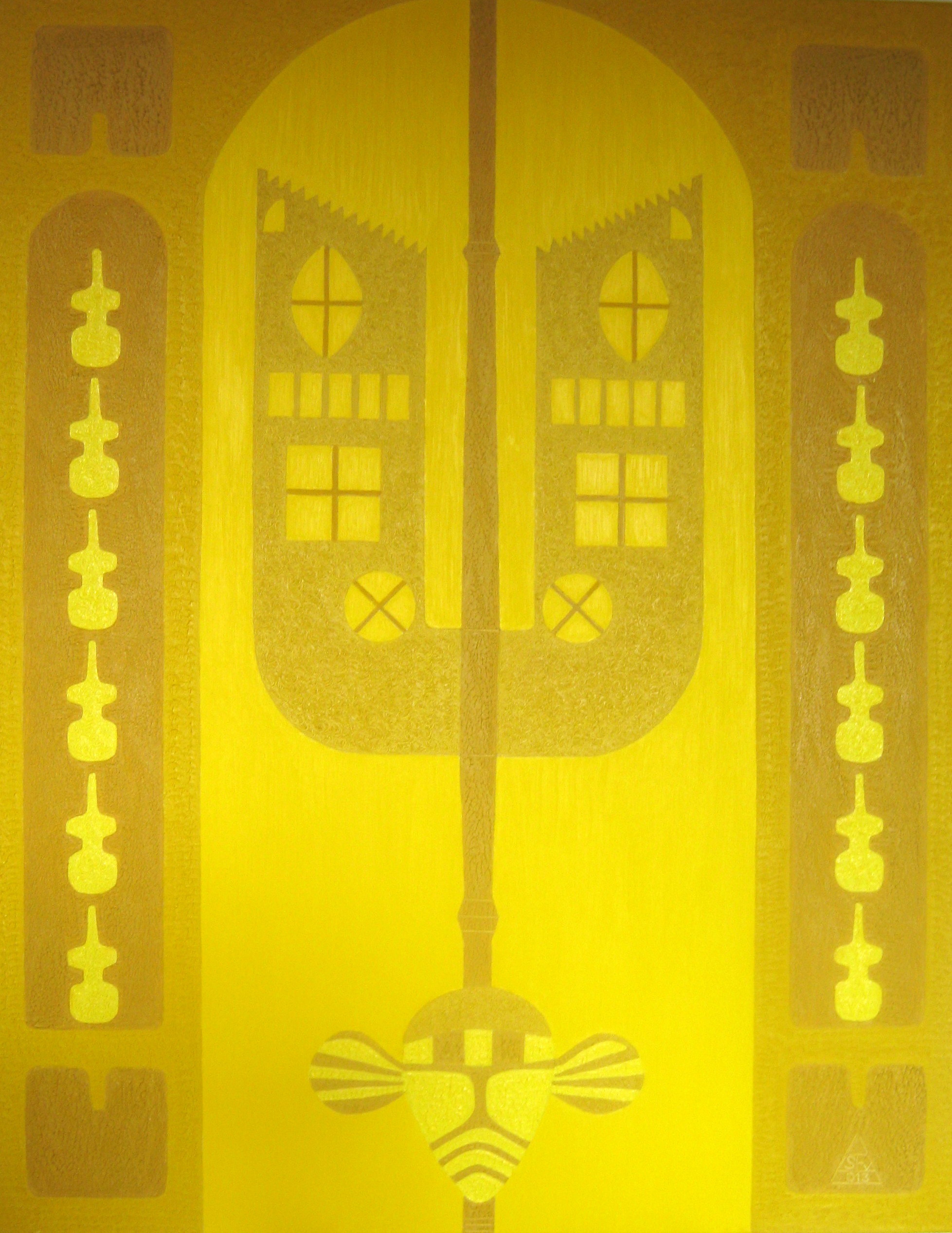 Symbolic near-monochrome composition in ochre, gold and red, 95 from the Text and Time cycle.