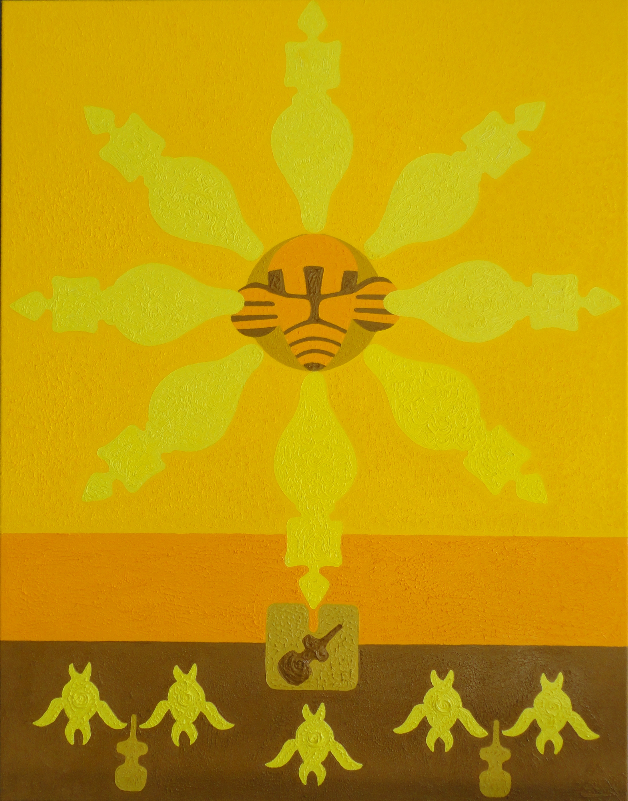 Symbolic near-monochrome composition in ochre, gold and red, 107 from the Text and Time cycle.