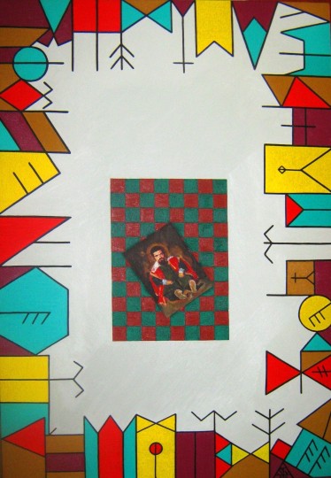 Archetypal Expressionism composition with vivid signs and figures, Text and Time 75.