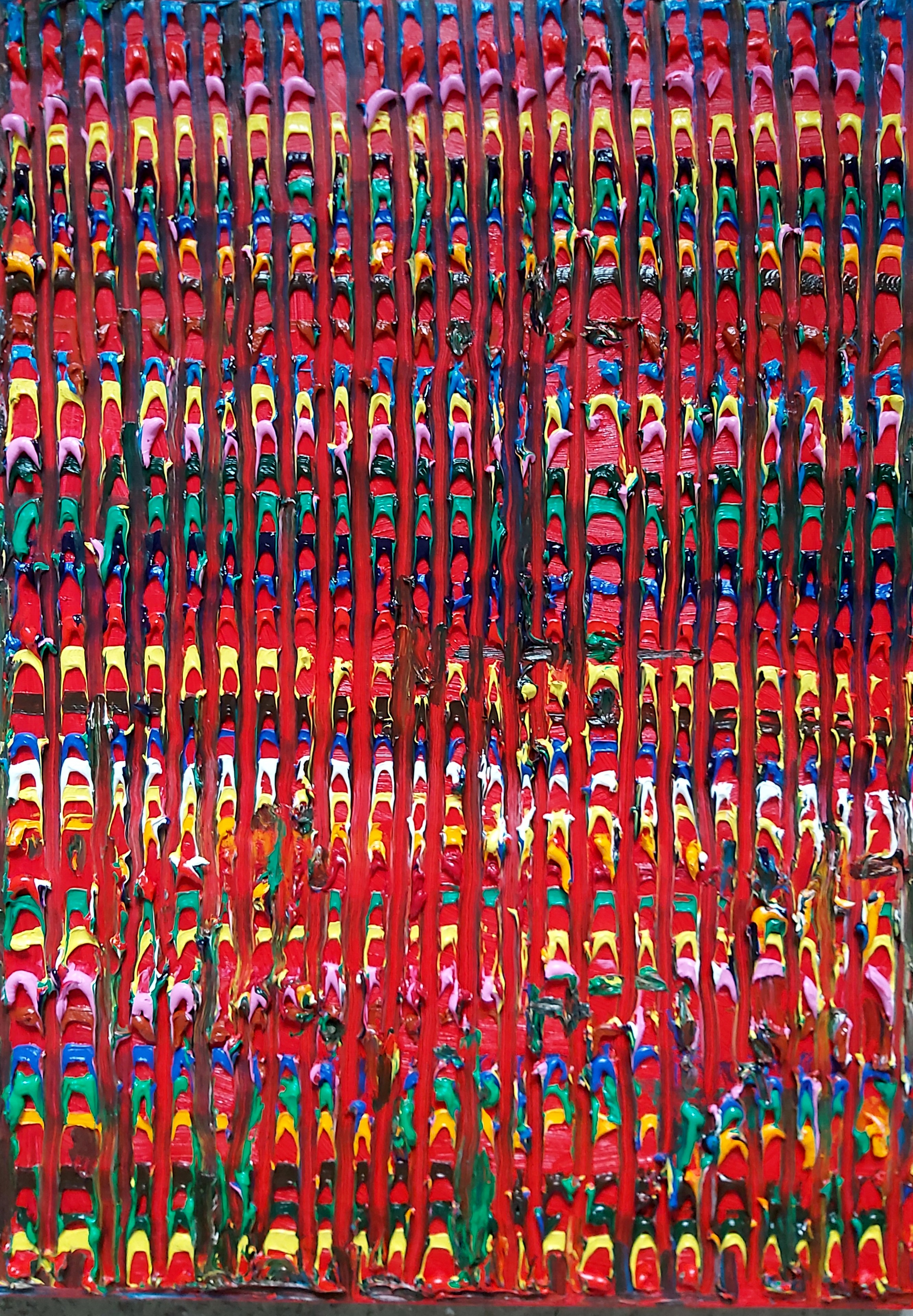 Dense red vertical field of repeated multicoloured marks.