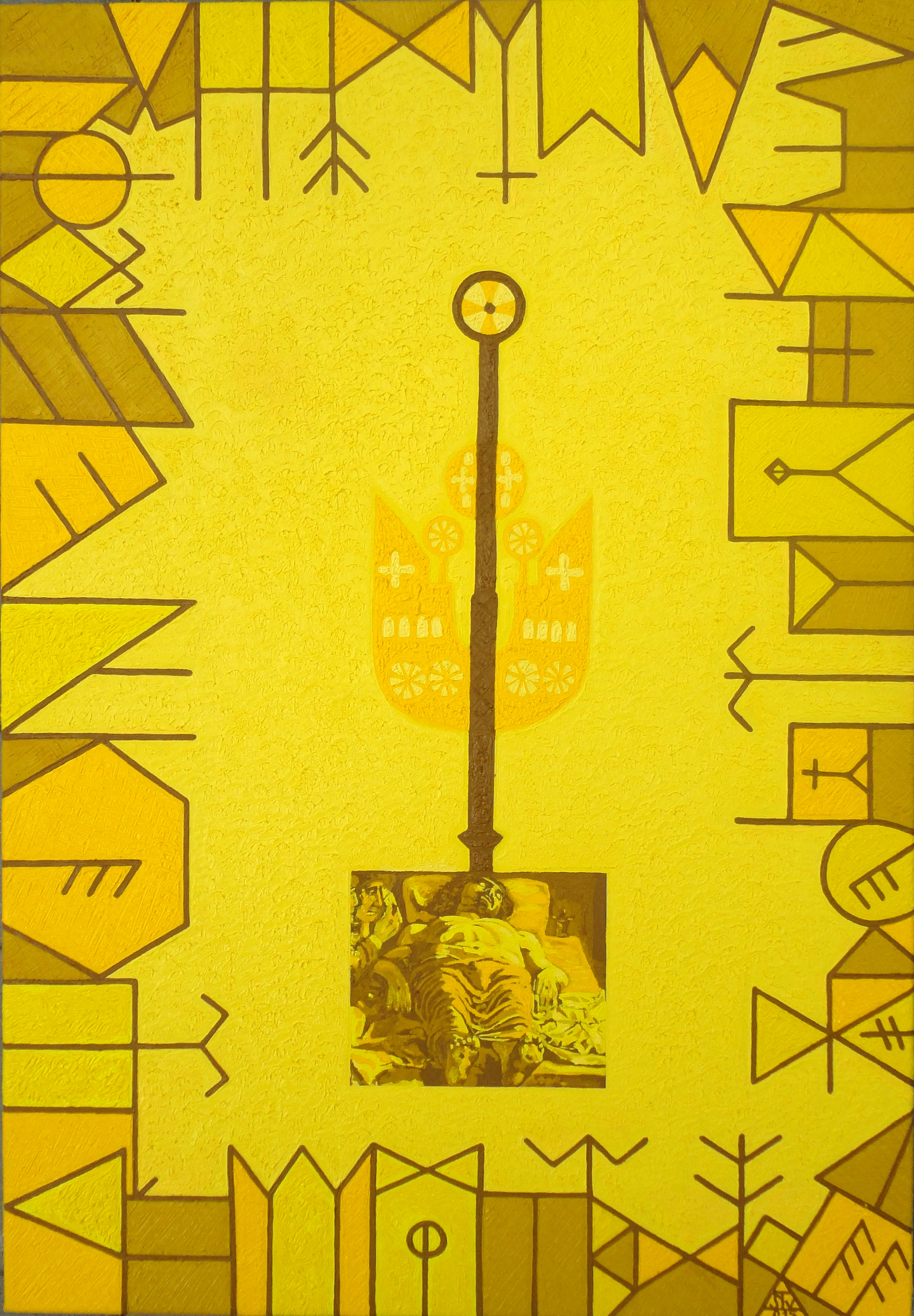 Symbolic near-monochrome composition in ochre, gold and red, 110 from the Text and Time cycle.