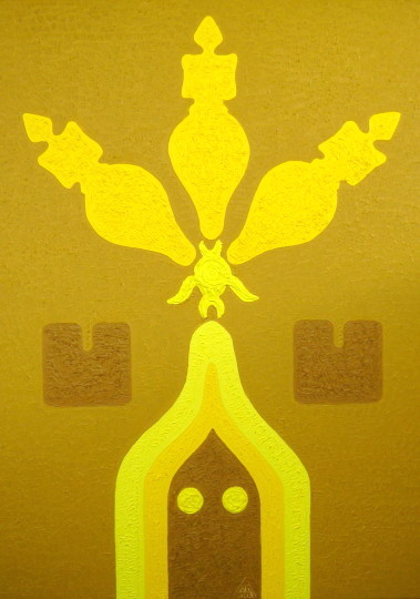 Symbolic near-monochrome composition in ochre, gold and red, 102 from the Text and Time cycle.