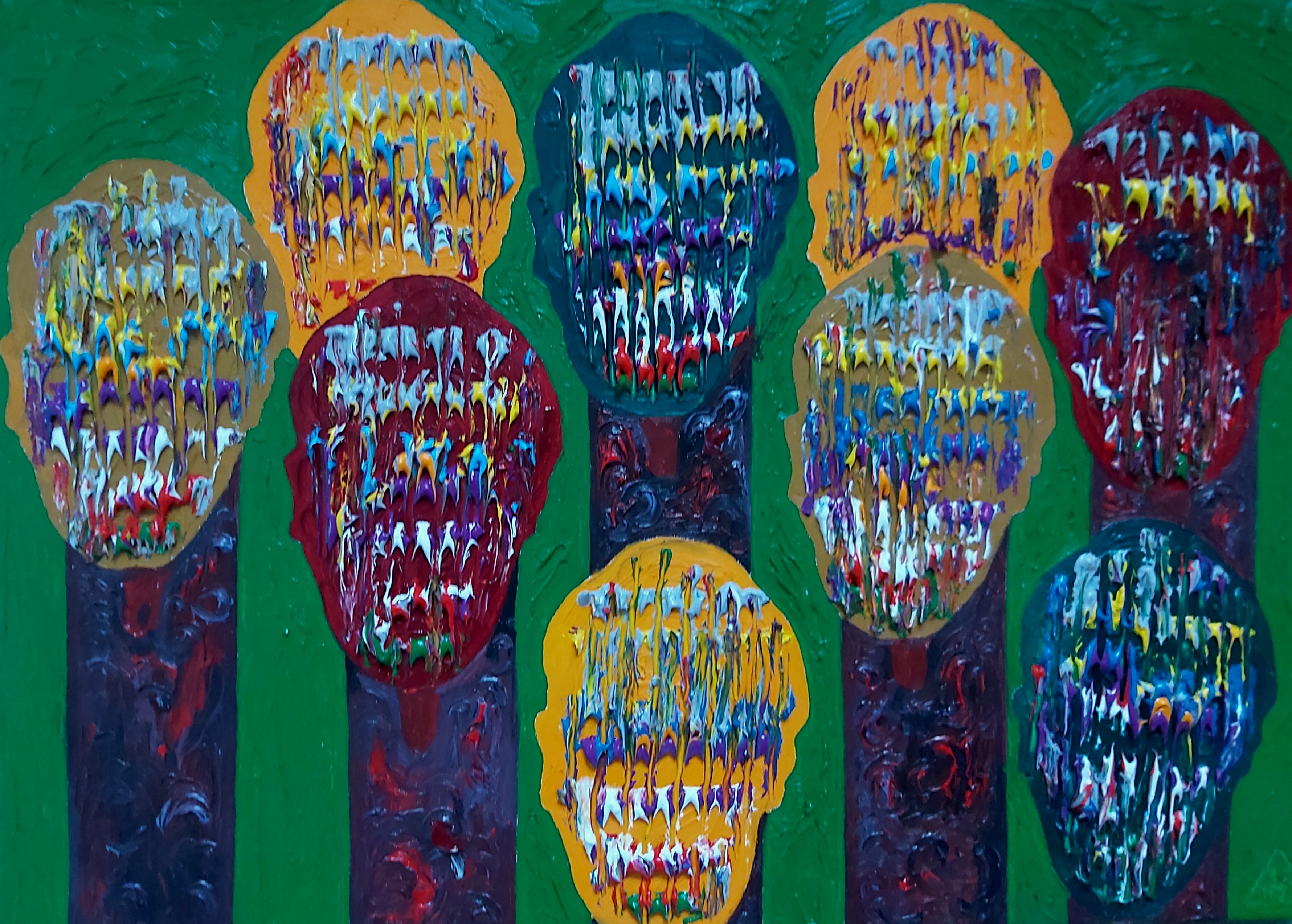 Cluster of vividly coloured heads against deep green.