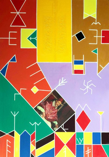 Archetypal Expressionism composition with vivid signs and figures, Text and Time 69.