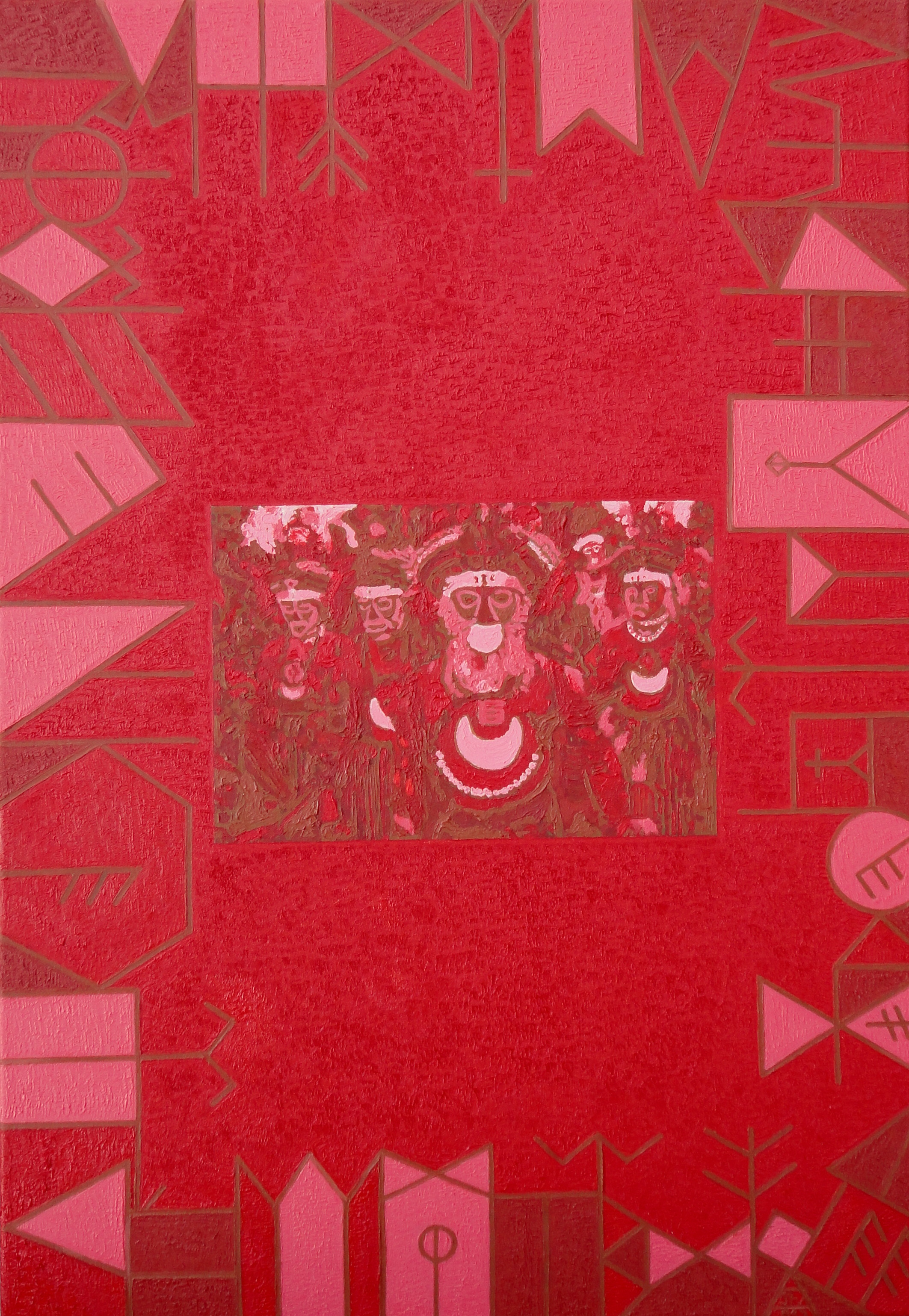 Symbolic near-monochrome composition in ochre, gold and red, 111 from the Text and Time cycle.