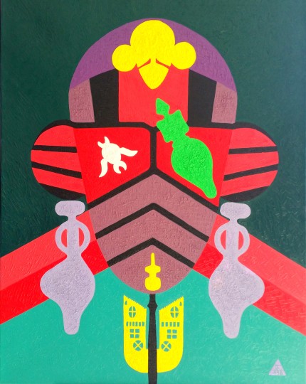 Archetypal Expressionism composition with vivid signs and figures, Text and Time 113.