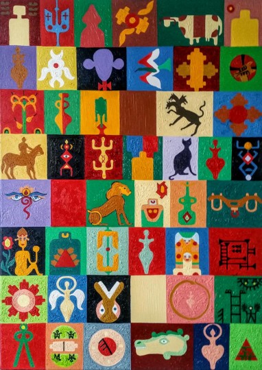 Archetypal Expressionism composition with vivid signs and figures, Text and Time 118.